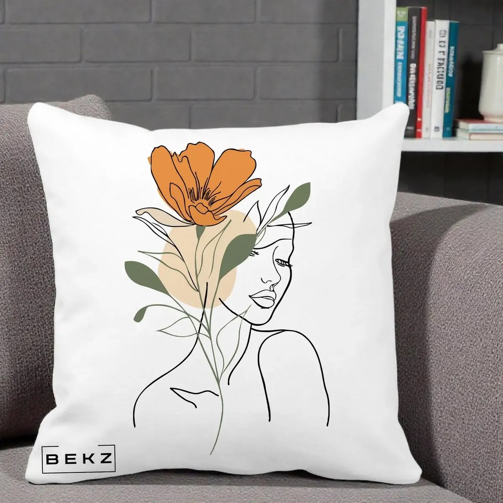 Perna Decorativa Portret Feminin Floare Portocalie, 40x40 cm, Alba Mata, Husa Detasabila, Perna Inclusa, BEKZ®