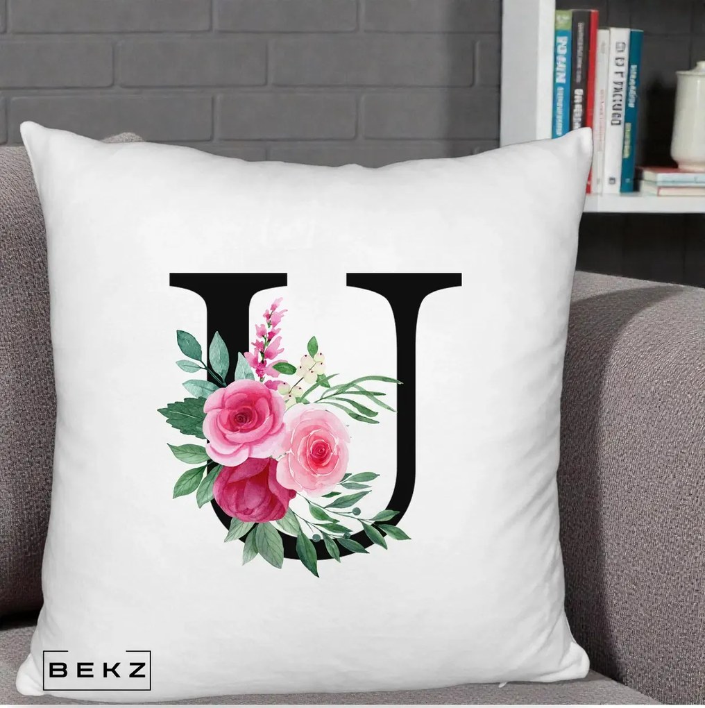 Cadou Personalizat - Perna Personalizata Monograma Florala Litera U, 40x40 cm, Alb Pufos, Husa Detasabila, Perna Inclusa, BEKZ®
