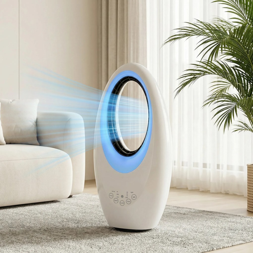 HOMCOM Ventilator turn fără pale, ventilator silențios 36 dB cu oscilație 60°, iluminare LED, 3 trepte de viteză, 7,5-Stunden-Timer, telecomandă | Aosom Romania