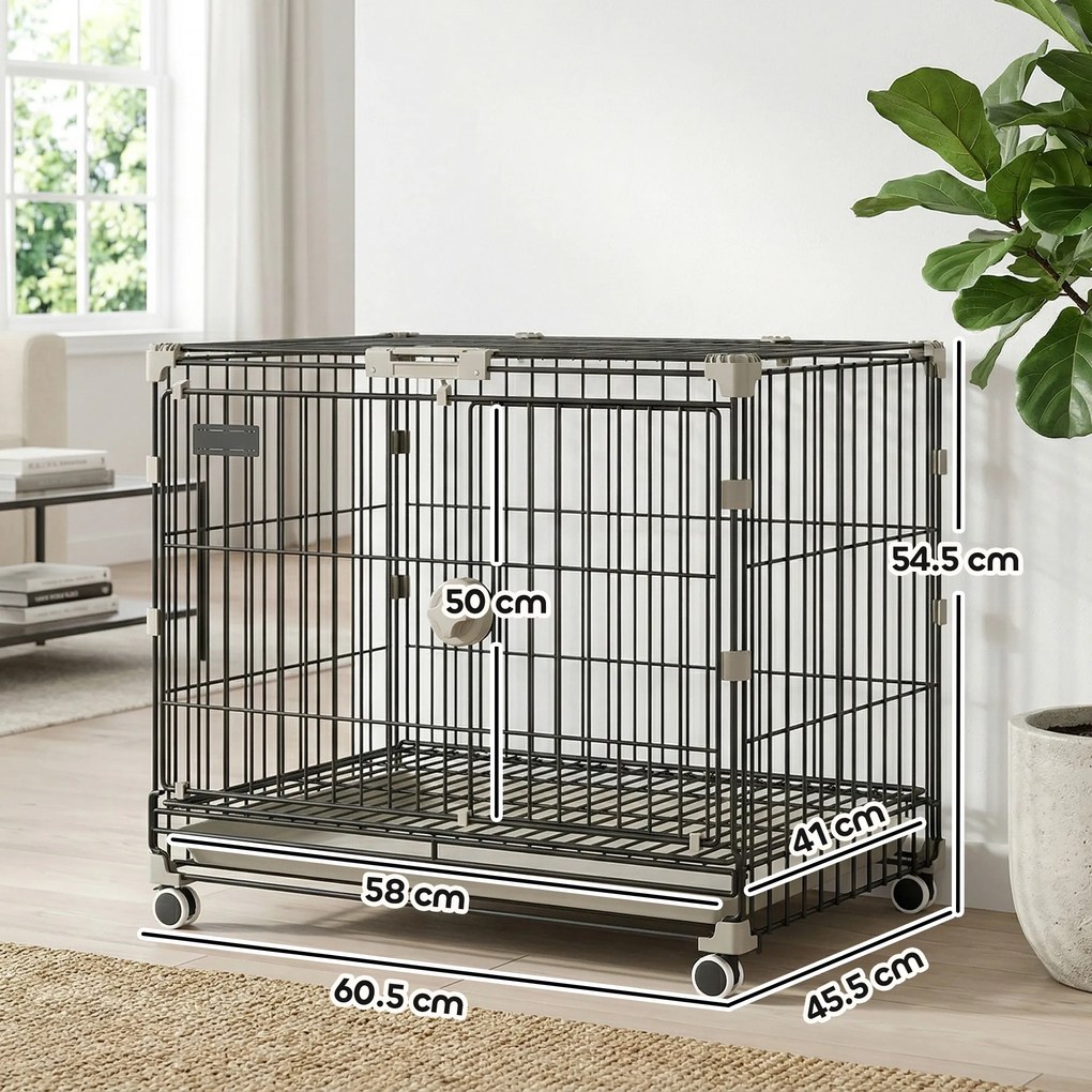 PawHut Cușcă pliabilă pentru câini, Tavă detașabilă, Roți cu frâne, Acoperiș rabatabil, Ușă pentru hrănire, 60,5x45,5x54,5cm, Negru | Aosom Romania