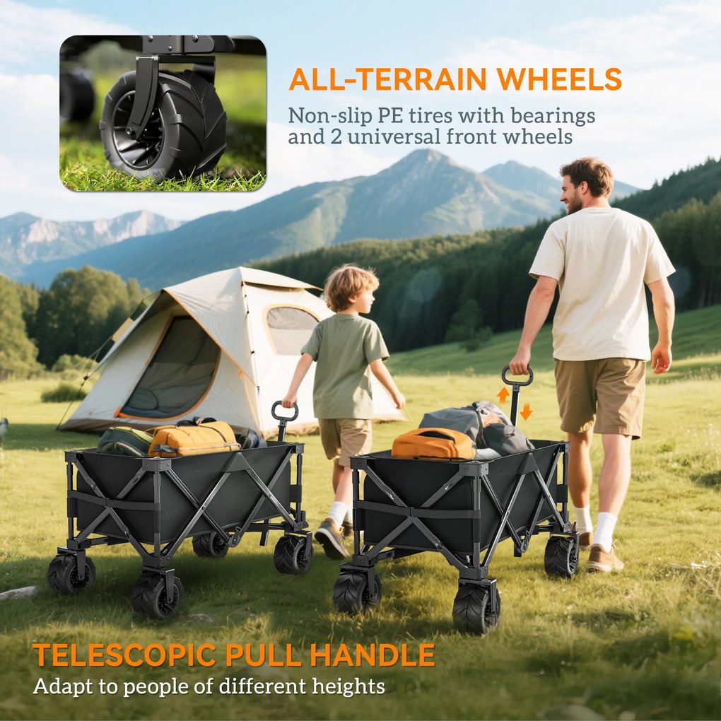 Outsunny Carucior plaja pliabil cu roti fata pivotante 360° si maner telescopic 108x55x55 cm negru | Aosom Romania