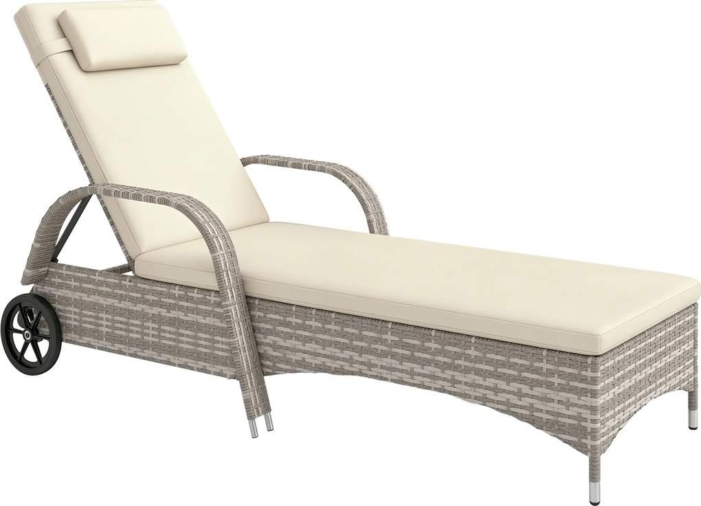 Outsunny Șezlong saltea înclinare reglabilă multi-poziții cotiere roți 200 x 73 x 30-103 cm gri deschis | Aosom Romania