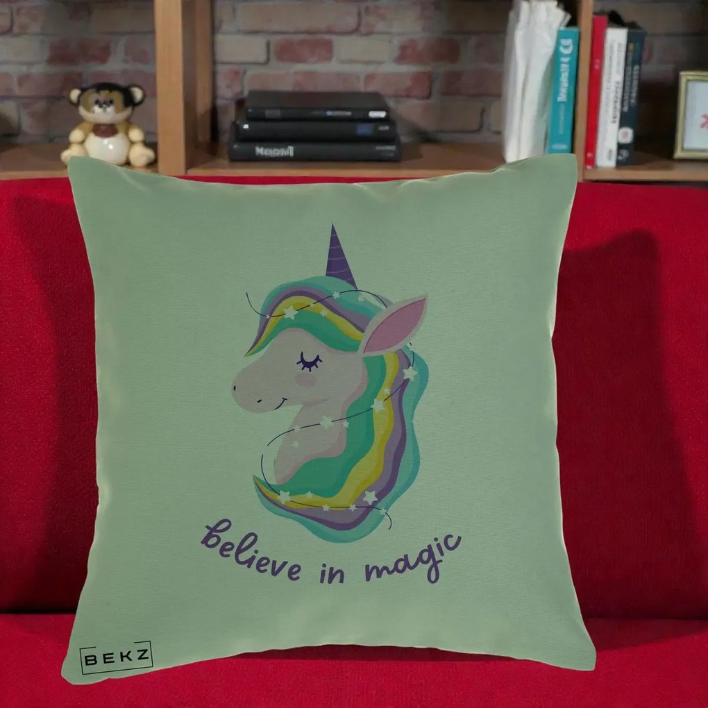 Perna Decorativa Unicorn Believe in Magic, 40x40 cm, Verde, Husa Detasabila, Perna Inclusa, BEKZ®