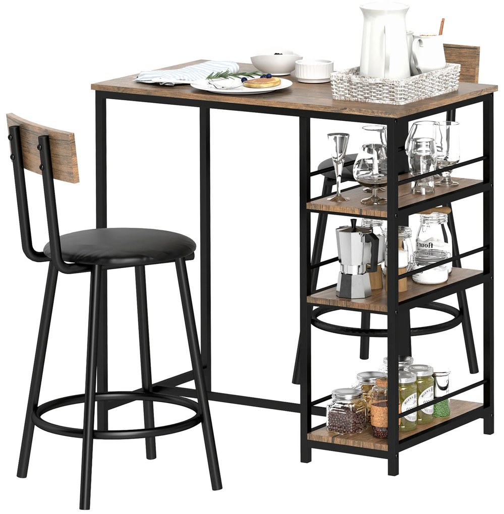 HOMCOM Set de 3 piese pentru bucatarie cu bar si 2 scaune, Set de bucatarie compact cu rafturi laterale, MDF, Metal, Stejar | Aosom Romania