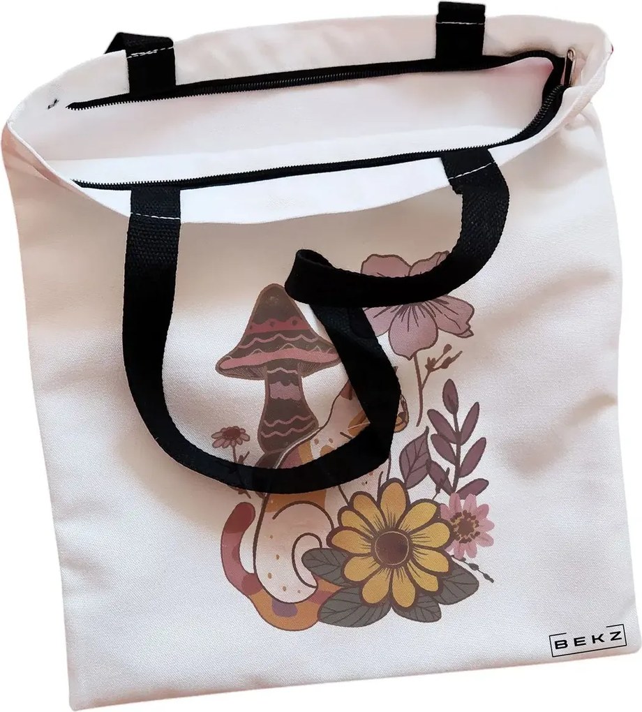 Sacosa de Panza pentru Cumparaturi, Geanta Tote, Colorful Mushrooms 8, Cu fermoar, 38x34.5 cm, Alba, BEKZ®