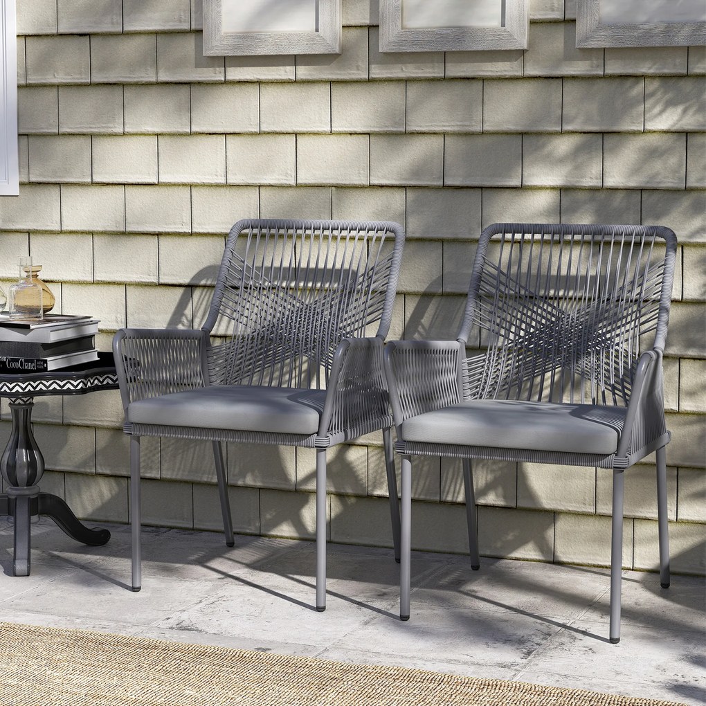 Outsunny Set de 2 scaune de grădină, scaune pentru terasă, perne lavabile, spătar, brațe, oțel, ratan, gri închis | Aosom Romania