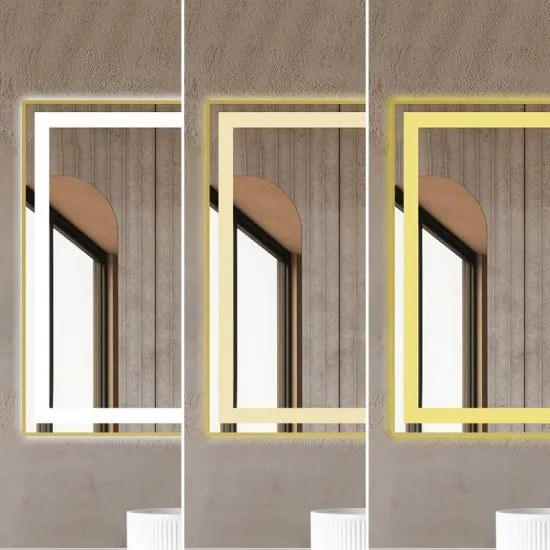 Oglindă Baie LED și Dezaburire Elit's Premium cu Senzor Touch, Lumina Rece, Caldă și Neutră, 80x60cm, cu rama Bronz Antichizat