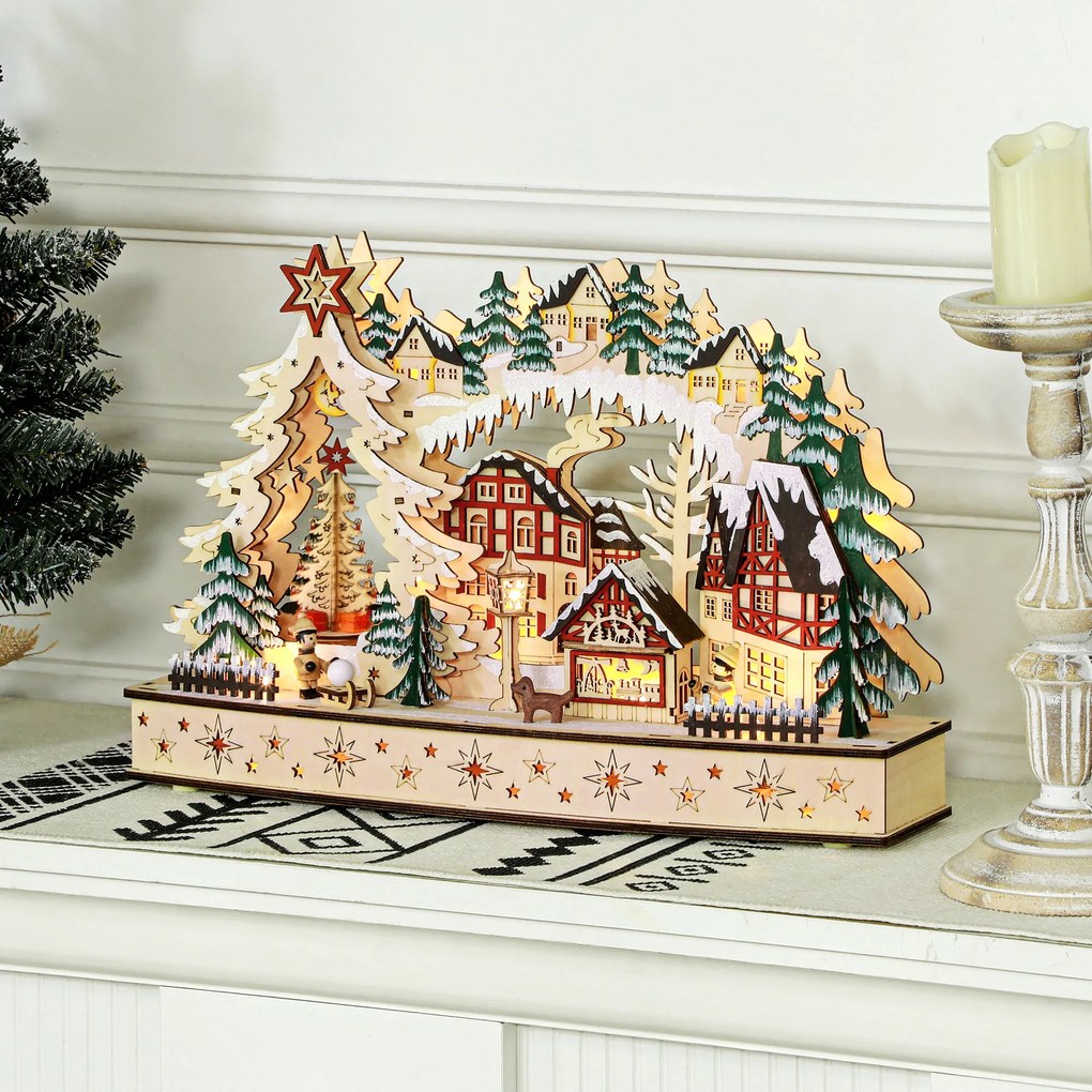 HOMCOM Sat de Crăciun în ținutul de iarnă, 20 LED-uri, multistrat, lemn natural, 45 x 12 x 30 cm | Aosom Romania
