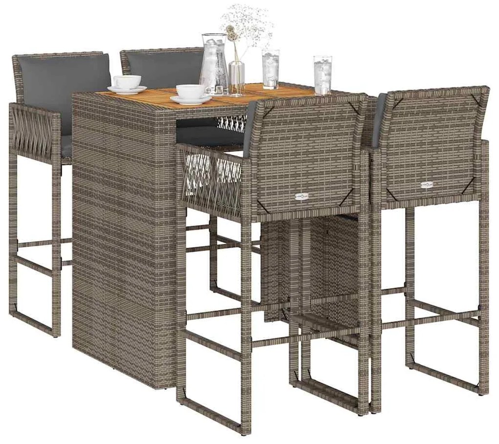vidaXL Set mobilier bar de grădină, cu perne, 5 piese, gri, poliratan