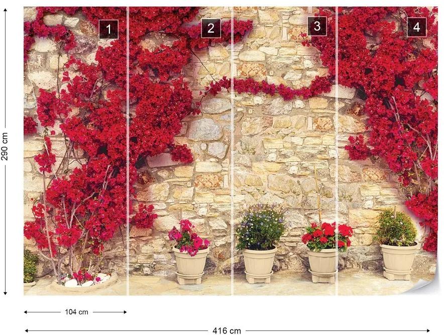 Fototapet GLIX - Red Flowers Old Stone Wall 3 + adeziv GRATUIT Tapet nețesute  - 416x290 cm