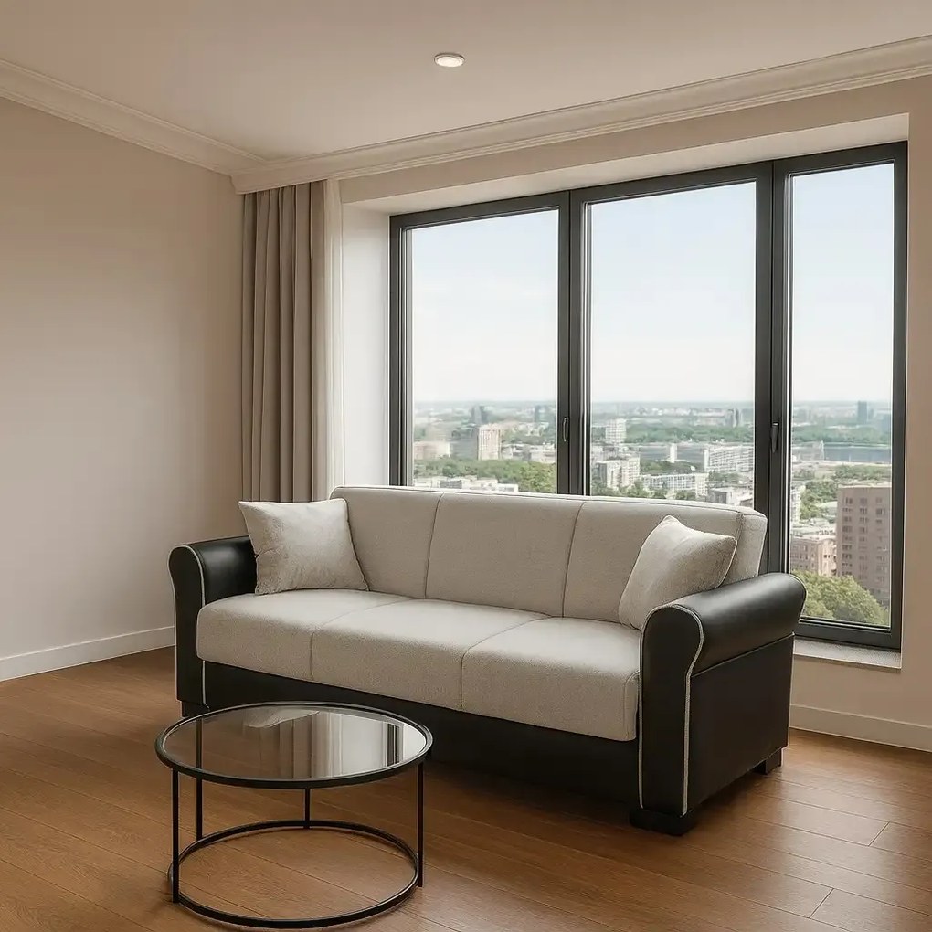 Canapea extensibila 3 loc cu spatiu de depozitare – stofa negru si bej – Country