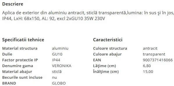 Aplica exterior ambientala moderna lumina sus / jos IP44 VERONIKA