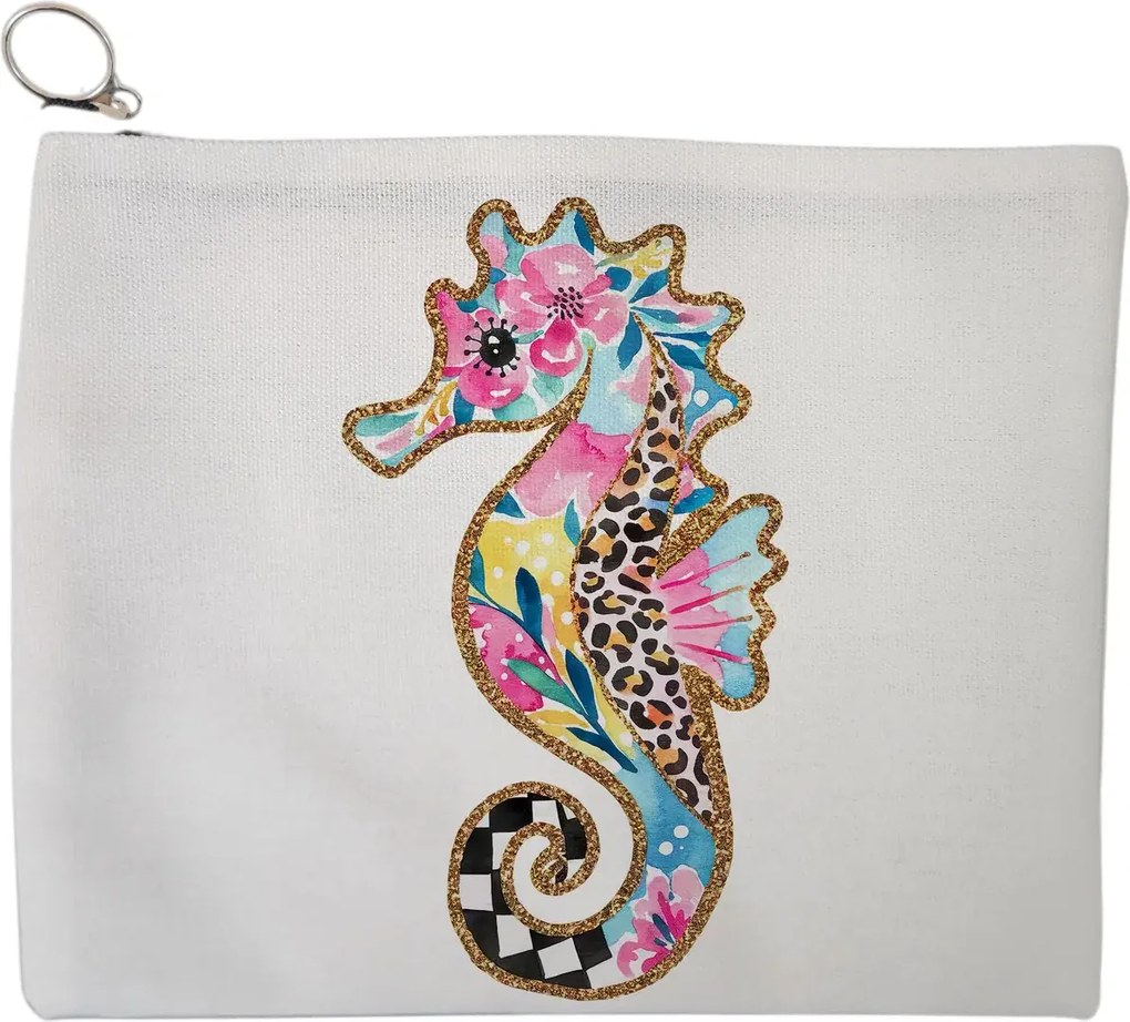 Portfard Cosmetice tip Plic, model Floral Seahorse, 23x18 cm, Alb, BEKZ®