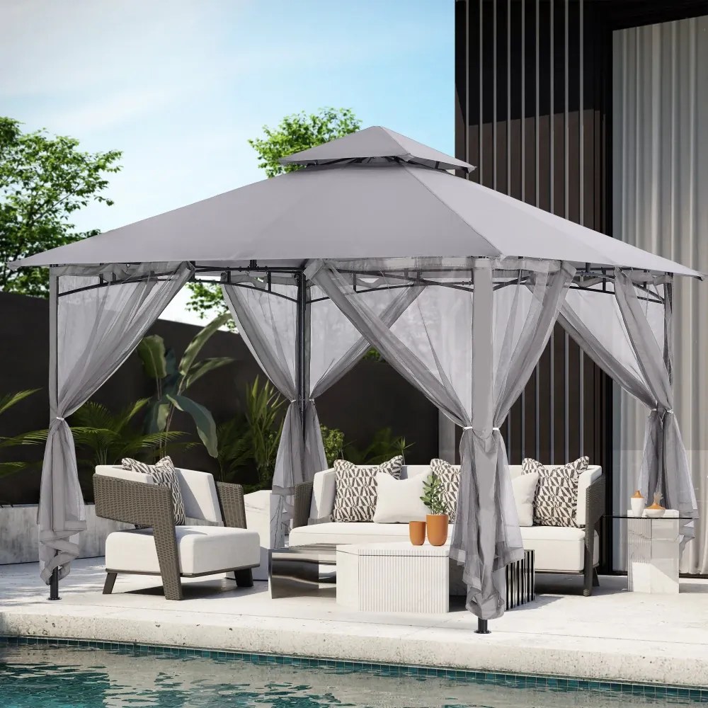 ABCCANOPY Foișor de gradina 3.3x3.3 m - Foișor exterior cu cadru din oțel și plasă de țânțari pentru gazon, curte, grădină, terasă, Gri