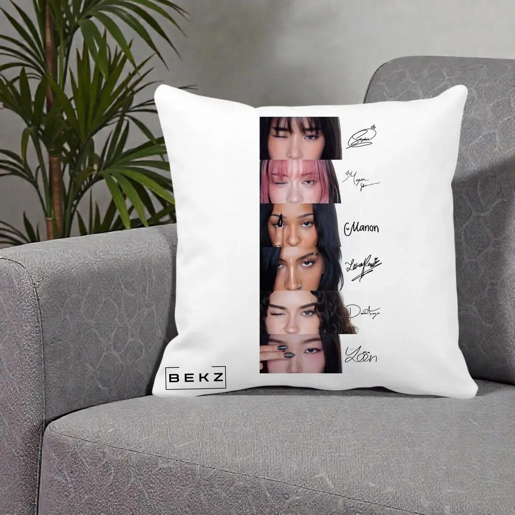 Perna Personalizata K-pop KATSEYE Semnaturi fara Foto, 40x40 cm, Alba Mata, Husa Detasabila, Perna Inclusa, BEKZ®