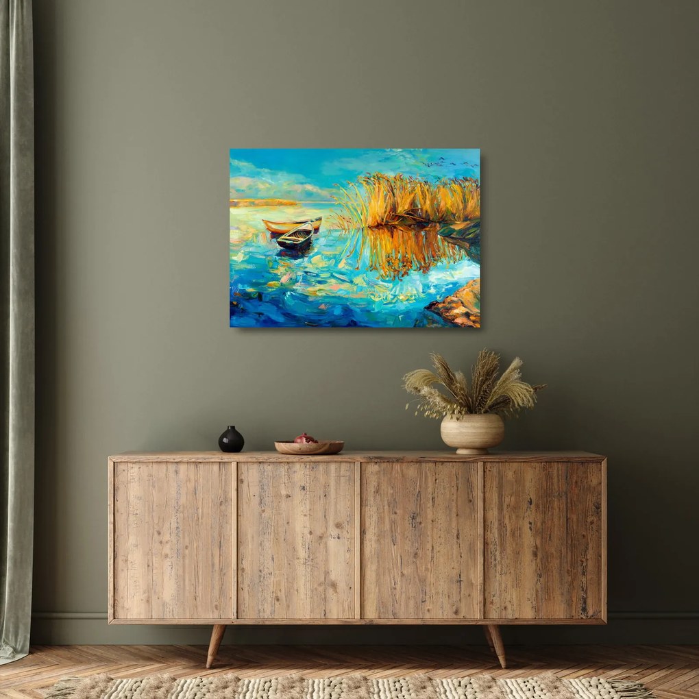 Tablou pe sticlă - Lacul cu bărci (70x50 cm)