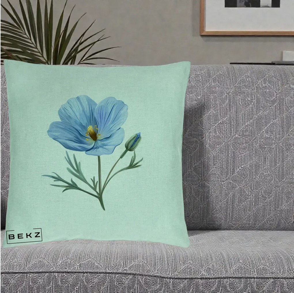 Perna Decorativa Mac Albastru Acuarela, 40x40 cm, Verde Menta, Husa Detasabila, Perna Inclusa, BEKZ®