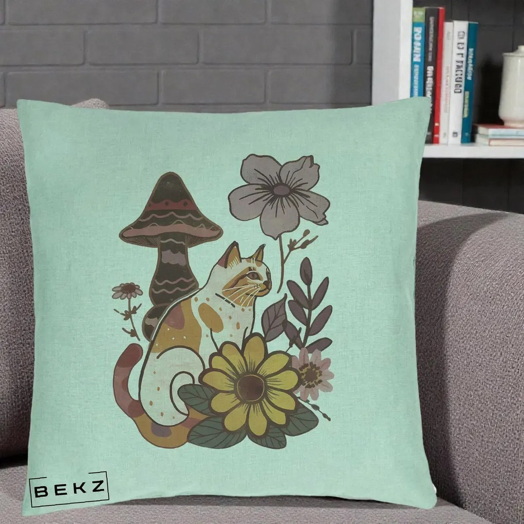 Perna Decorativa Pisica Vintage Florala Boho, 40x40 cm, Verde Menta, Husa Detasabila, Perna Inclusa, BEKZ®