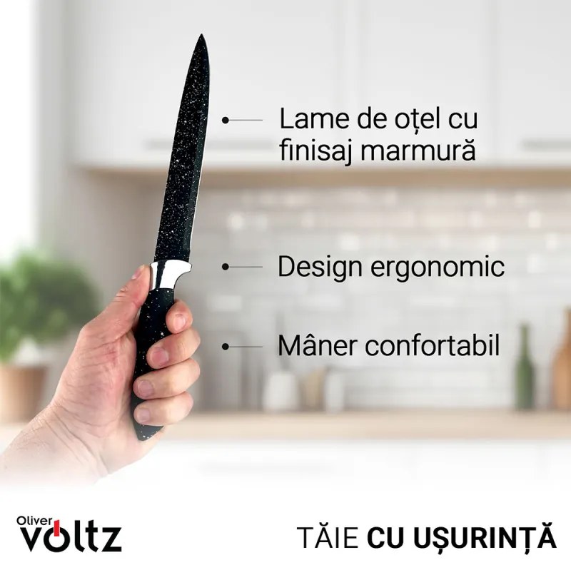 Set cutite cu suport Oliver Voltz OV51633G5, Otel, Acoperire marmura, 6 piese, Negru