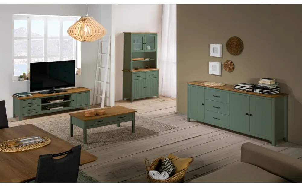 Comodă verde/în culoare naturală joasă din lemn masiv de pin 190x80 cm Miranda – Marckeric