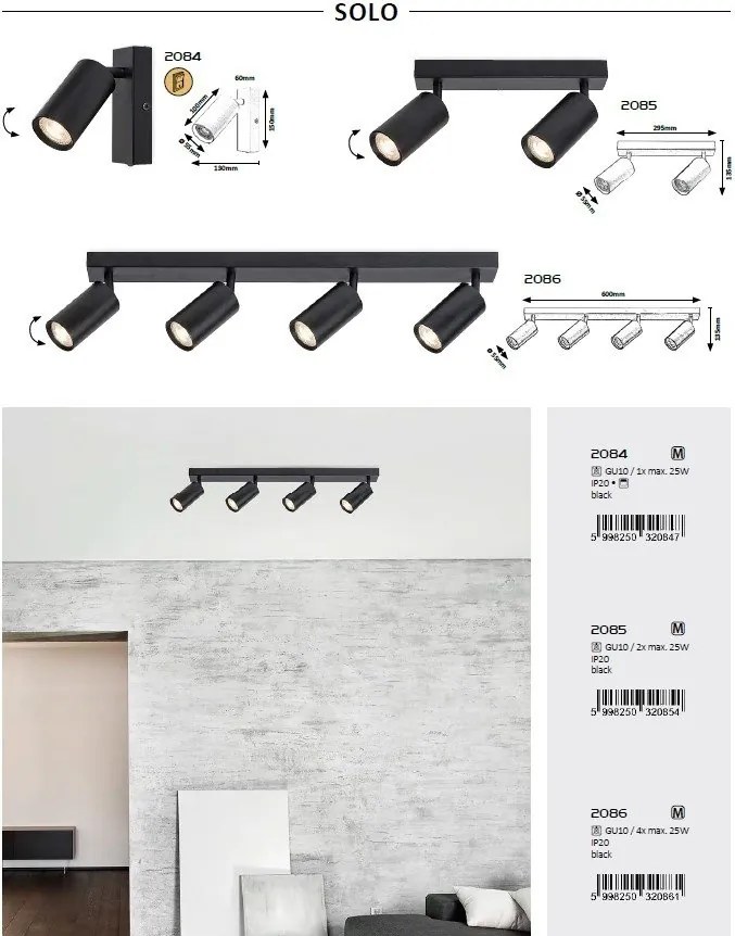 Aplica de perete / tavan cu 2 spoturi directionabile design modern SOLO negru