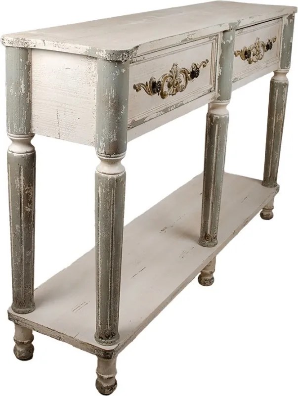 Consolă hol shabby chic din lemn, alb, cu 2 sertare, raft, picioare gri canelate și ornamente sculptate, 92 x 141 x 36 cm, „Marguerite”