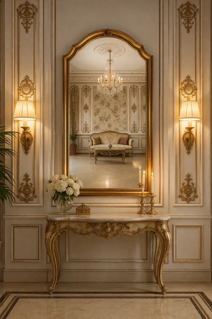 RESIGILAT- Oglindă decorativă de perete, ramă aurie antichizată, 60x90 cm