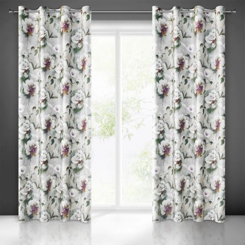 Draperie gri-alb, cu flori albe, pe inele Lungime: 250 cm