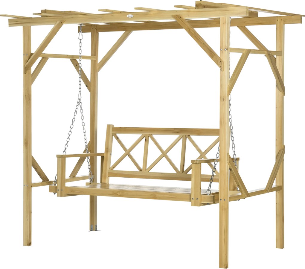 Outsunny Bancă-leagăn cu pergolă, pentru 2 persoane, reglabilă pe înălțime, cadru din lemn masiv, 2,21 x 1,40 x 1,96 m | Aosom Romania
