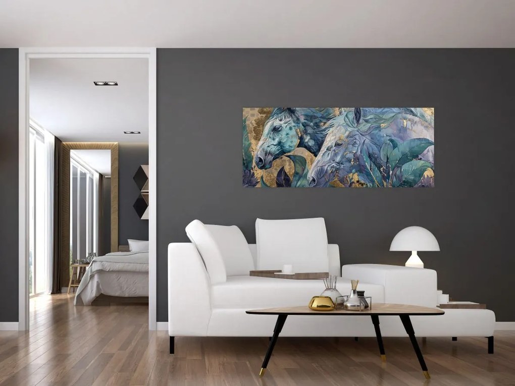 Tablou - Cai cu fundal auriu (120x50 cm)