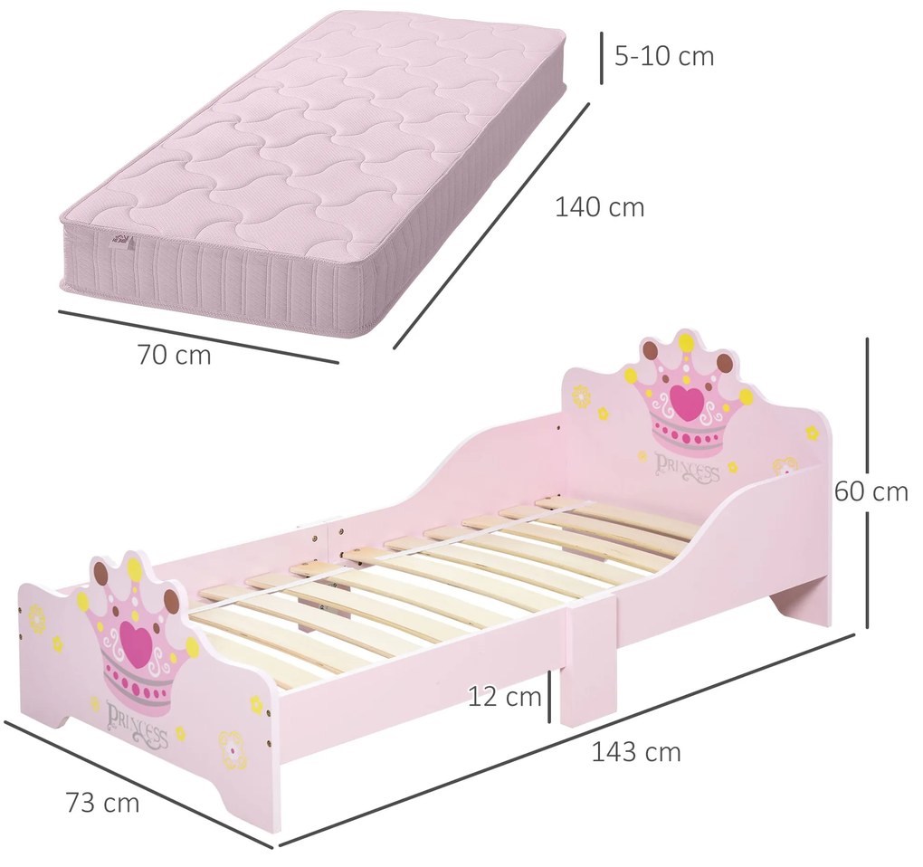 HOMCOM Pat Copii Siguranță Margini Înalte, 6 Picioare Lemn, pentru 3-6 Ani, 143x73x60cm, Roz | Aosom Romania