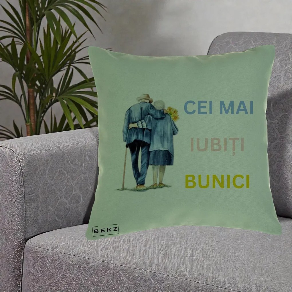 Cadou pentru Bunici - Perna Personalizata Cei Mai Iubiti Bunici Acuarela Spate, 40x40 cm, Verde, Husa Detasabila, Perna Inclusa, BEKZ®