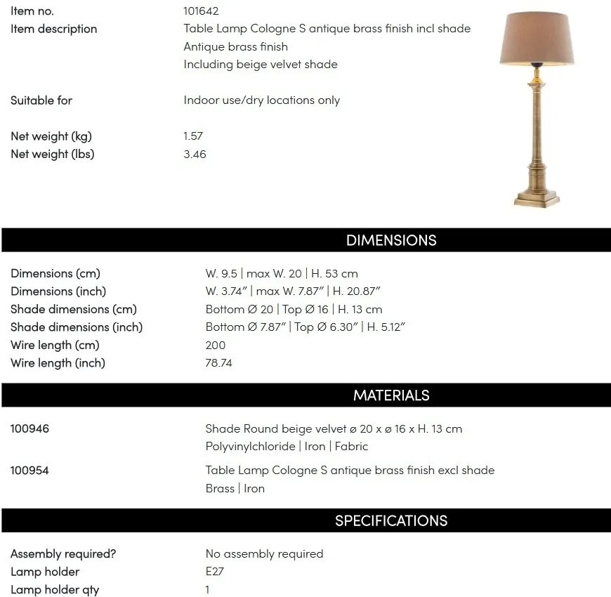 Veioza, lampa de masa cu baza inalta, finisaj brass, H-53cm, Cologne Small 101642 HZ