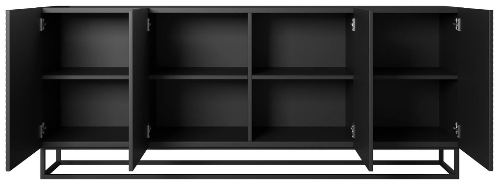 Comodă Asha 200 cm cu patru uși - negru mat / cadru negru