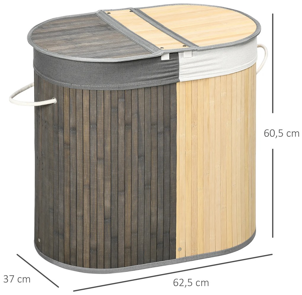 HOMCOM Cos de rufe din bambus 100L cu 2 sectiuni, capac si sac detasabil 62,5 x 37 x 60,5 cm - gri | Aosom Romania