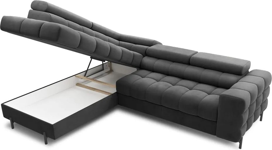 Colțar gri închis extensibil/cu spațiu de depozitare cu tapițerie din catifea (cu colț pe partea stângă/în formă de ”L”) Ferucce – ELTAP