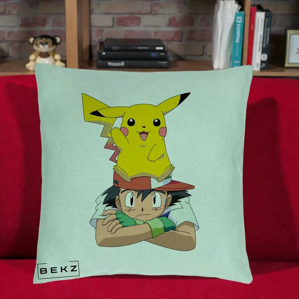 Perna Personalizata Ash si Pikachu, 40x40 cm, Verde Menta, Husa Detasabila, Perna Inclusa, BEKZ®