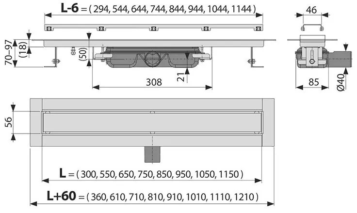 Set rigola de dus cu capac faiantabil, Alcadrain, APZ115 MARBLE LOW 55 cm