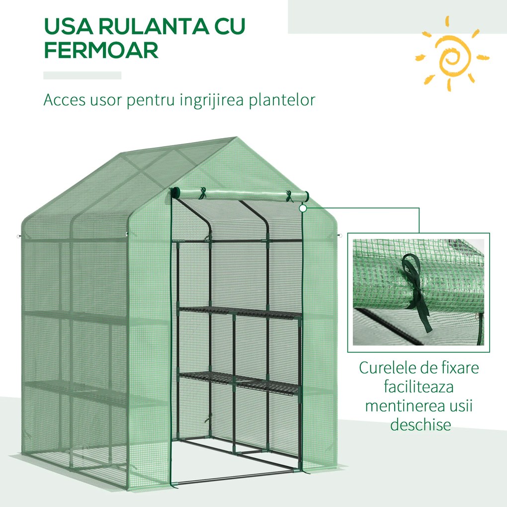 Outsunny Seră de Grădină cu Rafturi, Protecție din PE și Ușă Rulantă, 143x138x190 cm, Verde | Aosom Romania