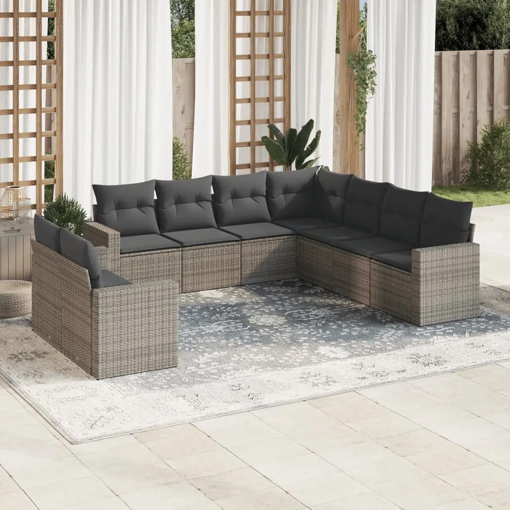 vidaXL Set canapele de grădină, 9 piese, cu perne, gri, poliratan