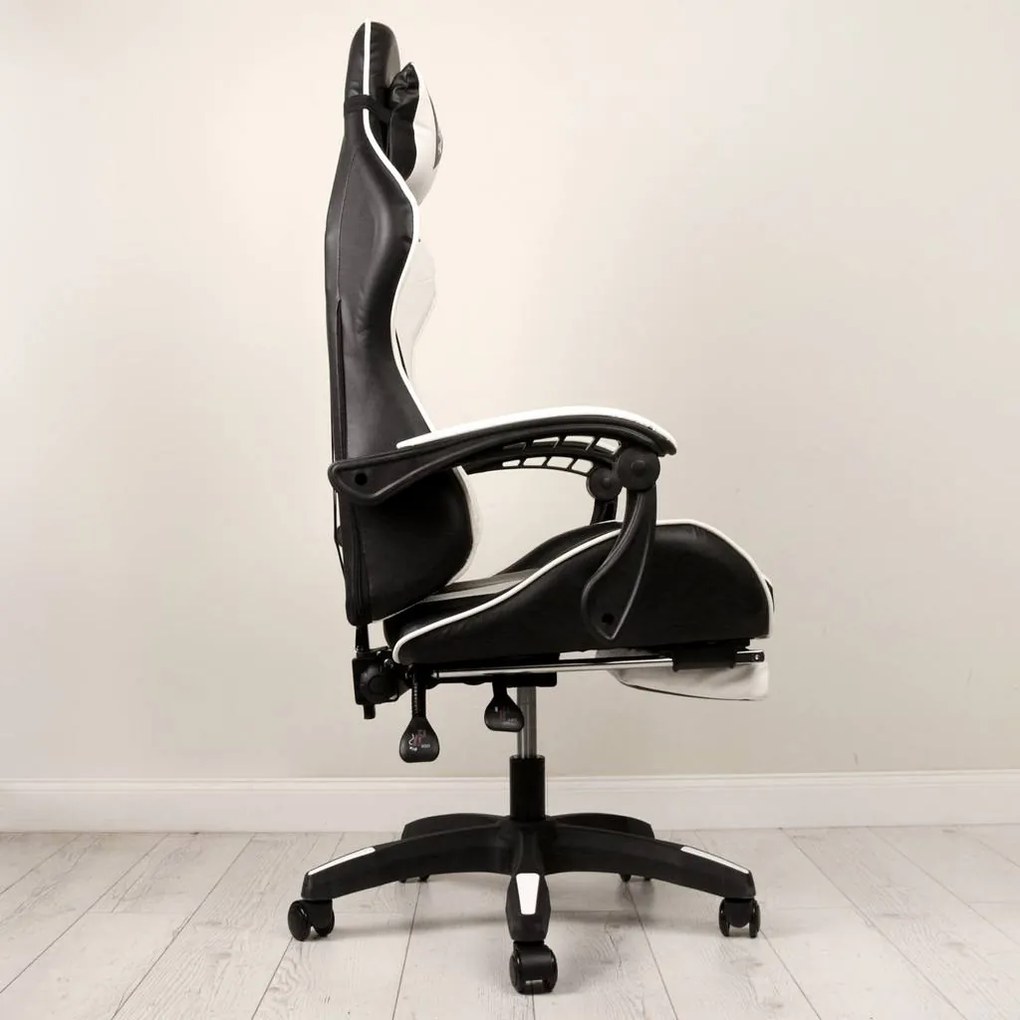 JAKS PREMIUM SCAUN GAMING REGLABIL ECO - PIELE NEGRU-ALB + PERNĂ DE MASAJ