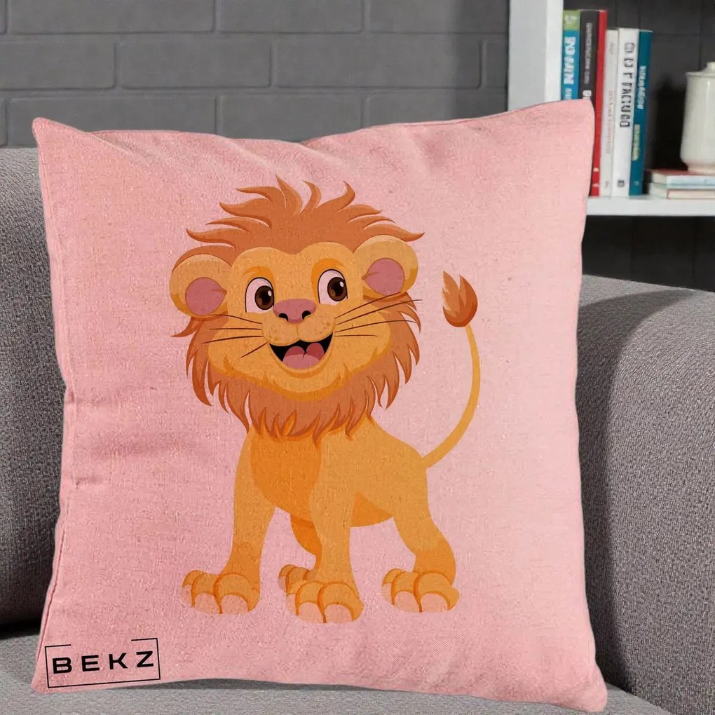 Perna Decorativa Pui de Leu Kawaii, 40x40 cm, Roz, Husa Detasabila, Perna Inclusa, BEKZ®