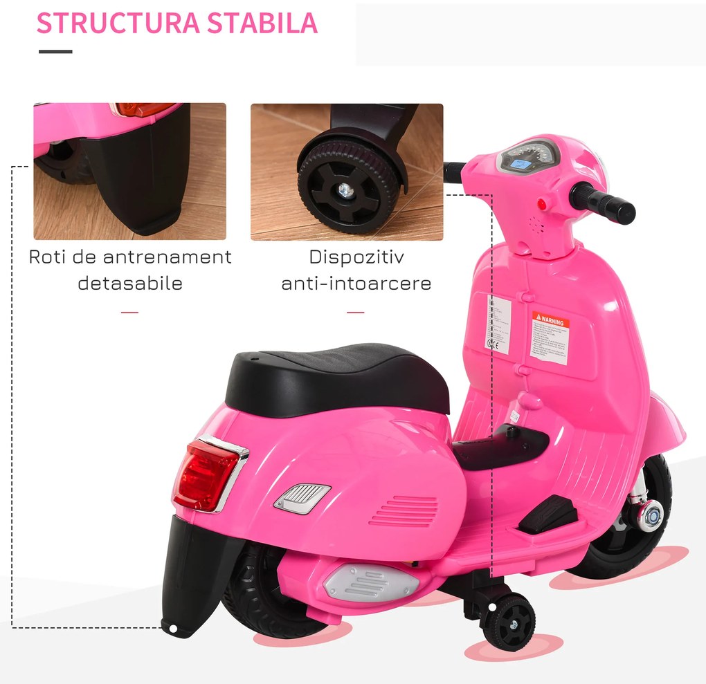 HOMCOM Motocicletă Electrică pentru Copii cu Baterie 6V, Faruri și Claxon Motocicletă pentru Copii de 18-36 luni, 66.5x38x52 cm, Roz  | Aosom Romania