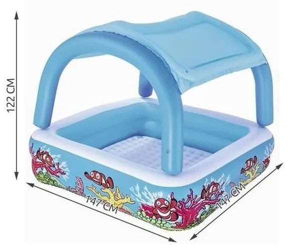 Piscina gonflabila pentru copii, patrata, cu acoperis, model coral, 147x147x122 cm, bestway