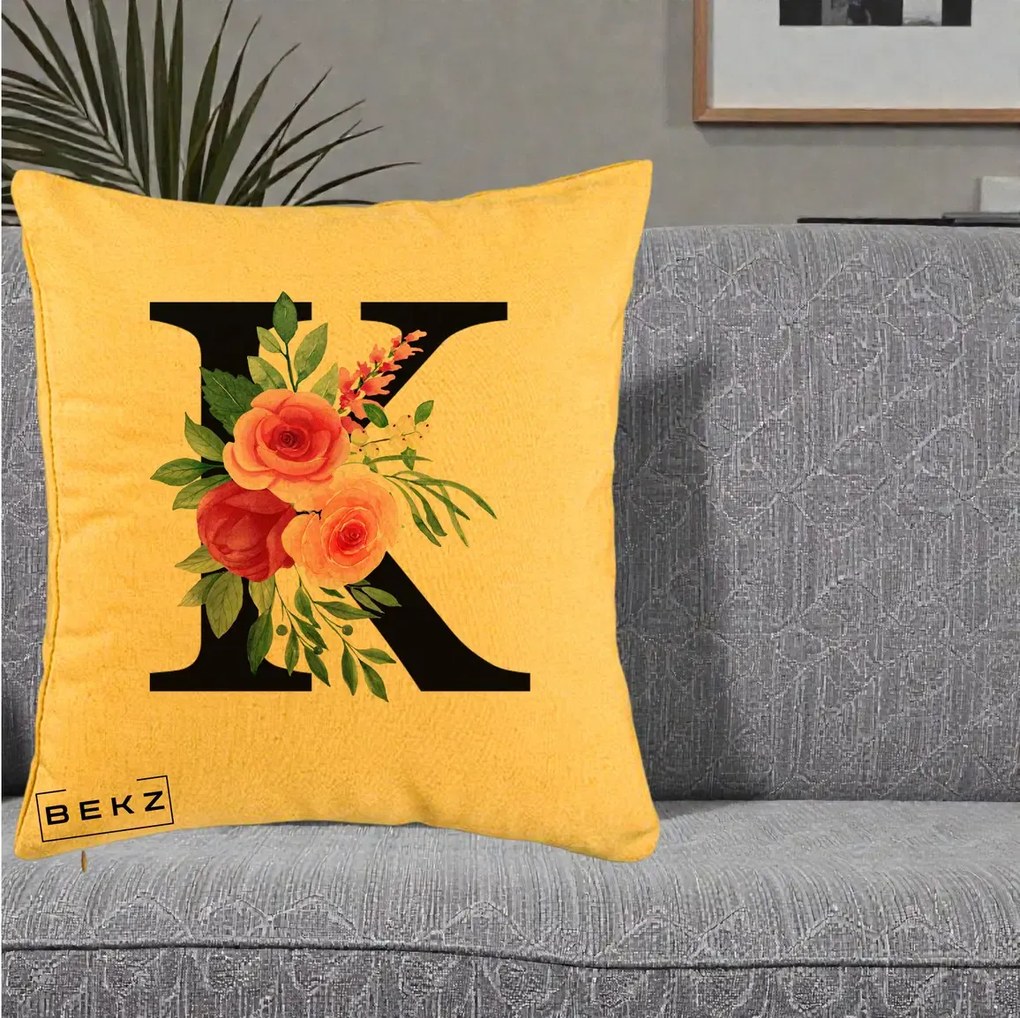 Cadou Personalizat - Perna Personalizata Monograma Florala Litera K, 40x40 cm, Galben, Husa Detasabila, Perna Inclusa, BEKZ®