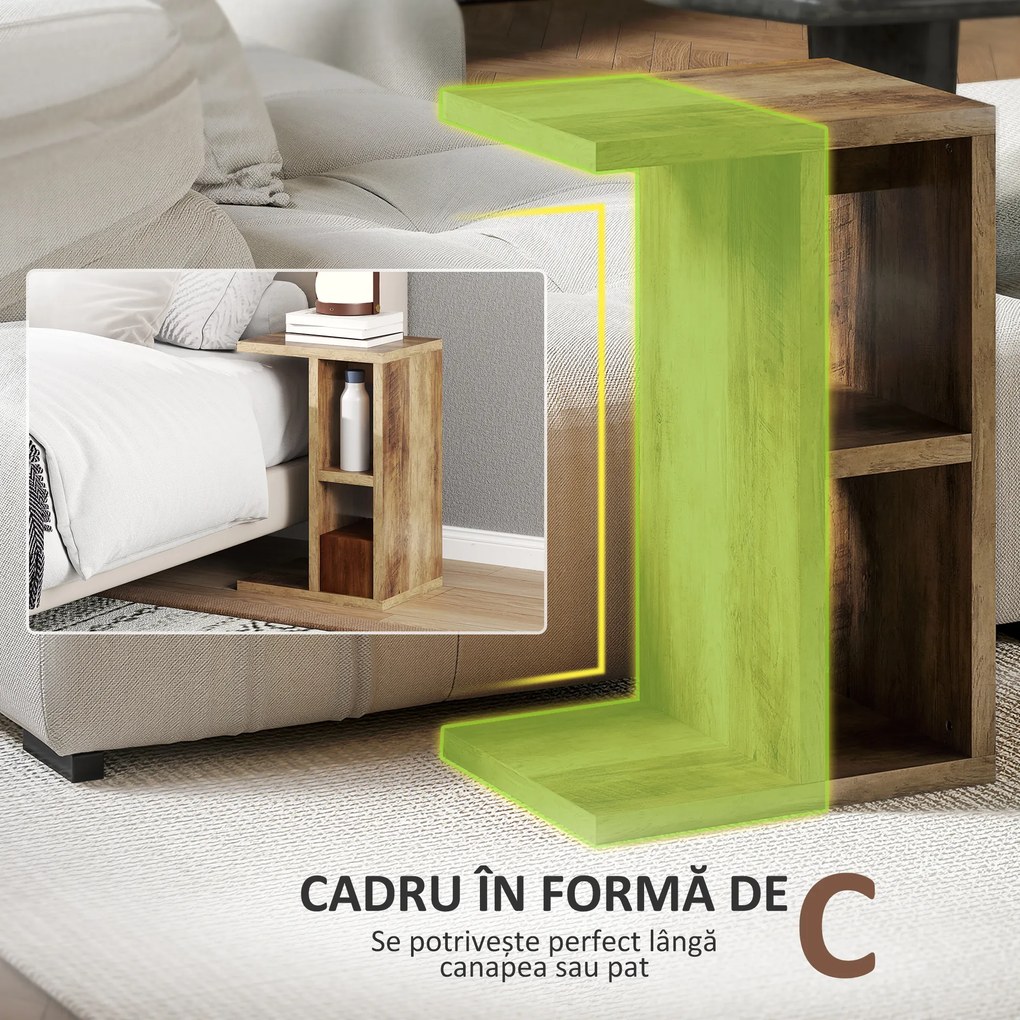 HOMCOM Măsuță de Living în Formă de C cu 3 Etajere și 2 Compartimente Maro | Aosom Romania