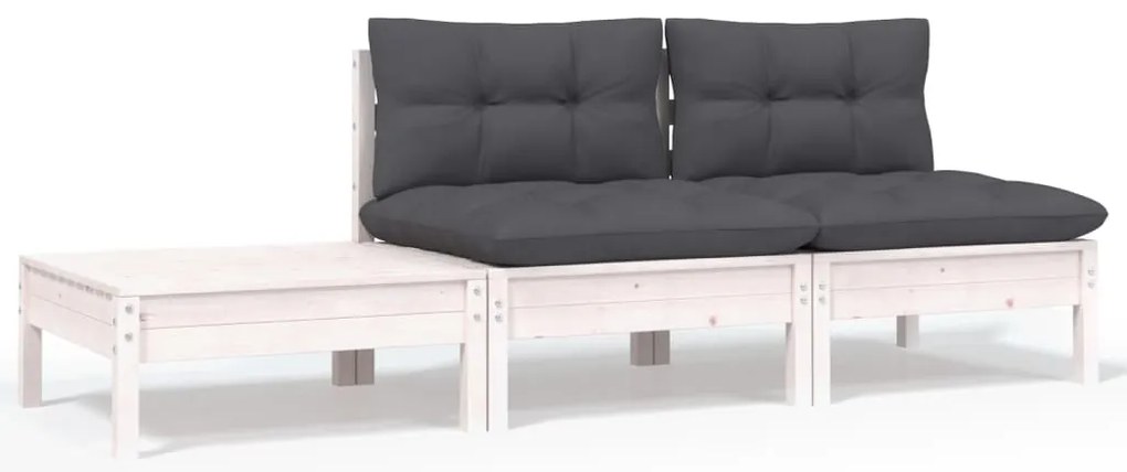 vidaXL Set mobilier de grădină cu perne, 3 piese, alb, lemn masiv pin