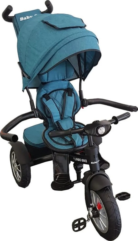 Tricicleta cu copertina Baby Care™ Turbo Bike , Cu melodii si lumini, Roti din cauciuc, Pozitie somn, Scaun reversibil cu rotatie 360 grade , Cadru