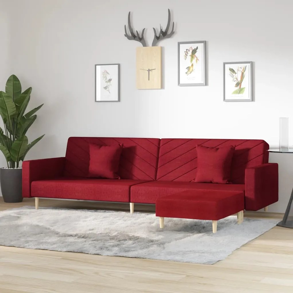 3081828 vidaXL Canapea extensibilă 2 locuri, 2 perne&taburet, roșu vin, textil