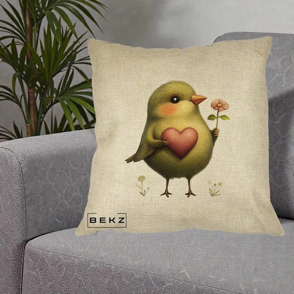 Perna decorativa Pasare Verde cu Inima si Floare, 40x40 cm cu Umplutura, Crem, BEKZ